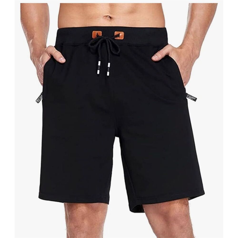 Men's Casual Knit Sports Shorts Black Sz 44 Zipper Pockets